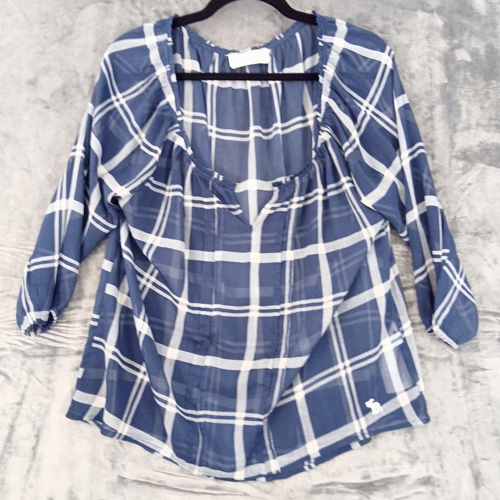 Abercrombie & Fitch Shirt Womens Medium Blue White Plaid Long Sleeve‎ Sheer Boho